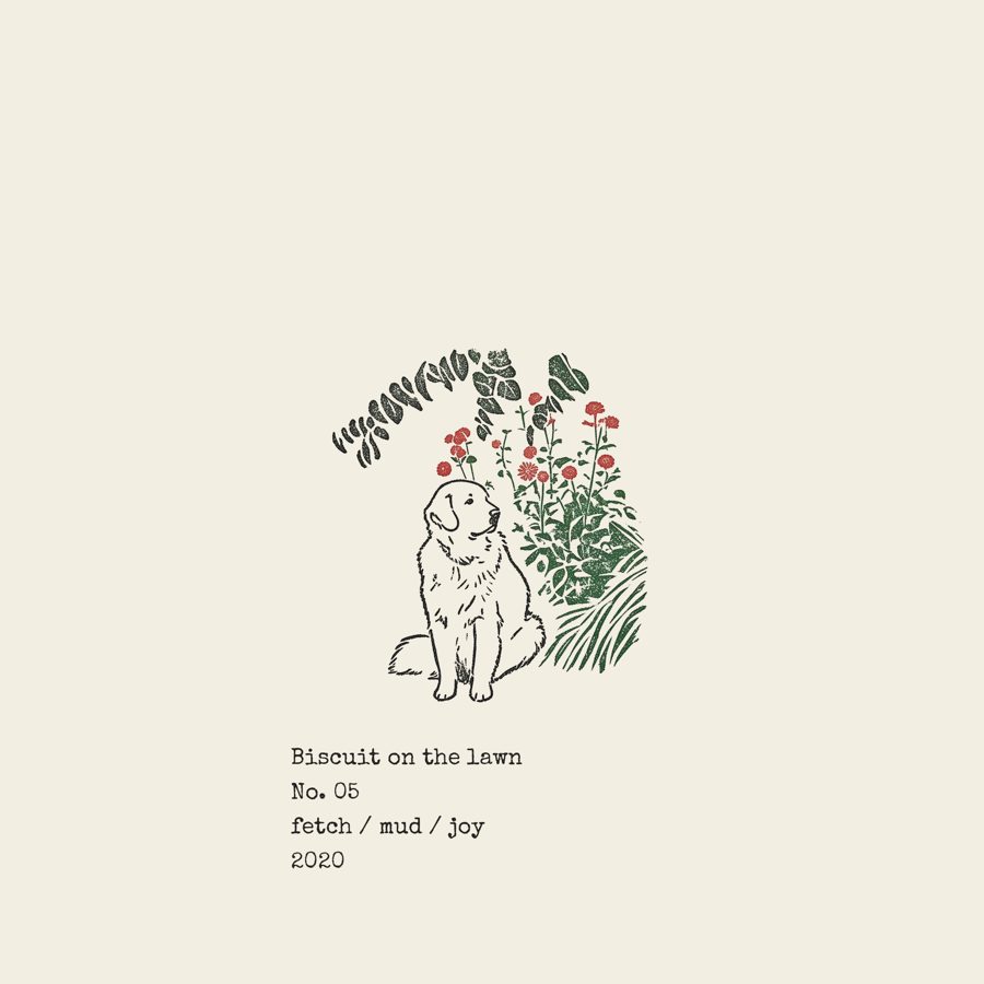 Ink stamp drawn from the photograph of Biscuit on the lawn